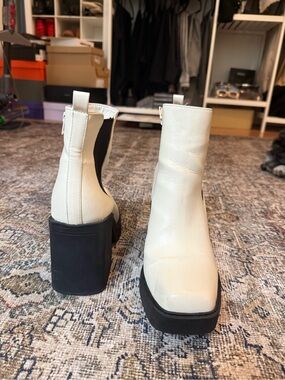 MIA White Leather Platform Chelsea Booties with Black Sole